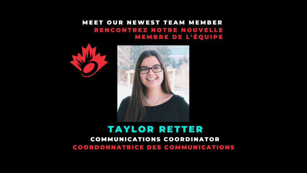 Headshot of brown haired woman wearing glasses on a black background; image text reads Meet our newest team member Taylor Retter, communications coordinator // Portrait d'une femme aux cheveux bruns portant des lunettes sur fond noir ; le texte de l'image est le suivant Rencontrez notre nouveau membre de l'équipe, Taylor Retter, coordinatrice de la communication.